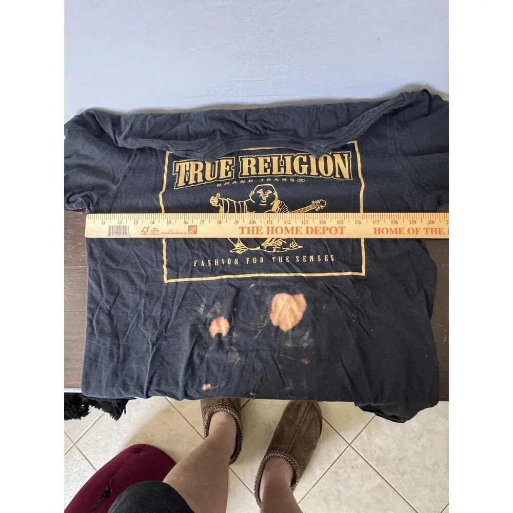 True Religion World Tour Buddha Graphic T Shirt Black Adult Large Bleached